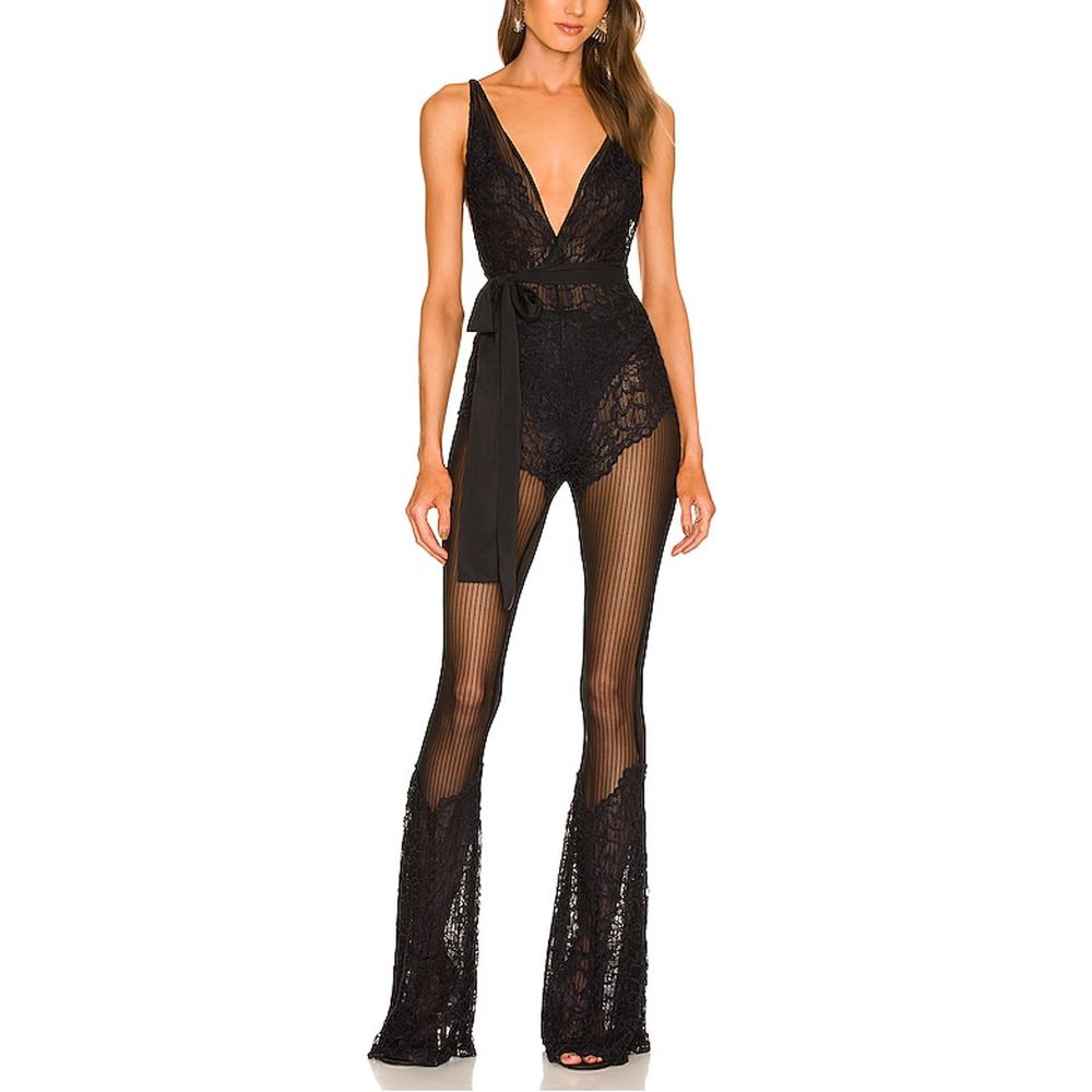 Michael Costello Black Jumpsuit with Sheer Panels and Wide-Leg Design